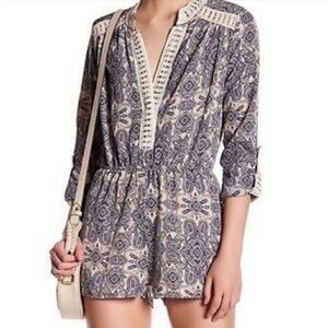 Romeo and Juliet Paisley Crochet Long Sleeve Romper Blue Boho Small